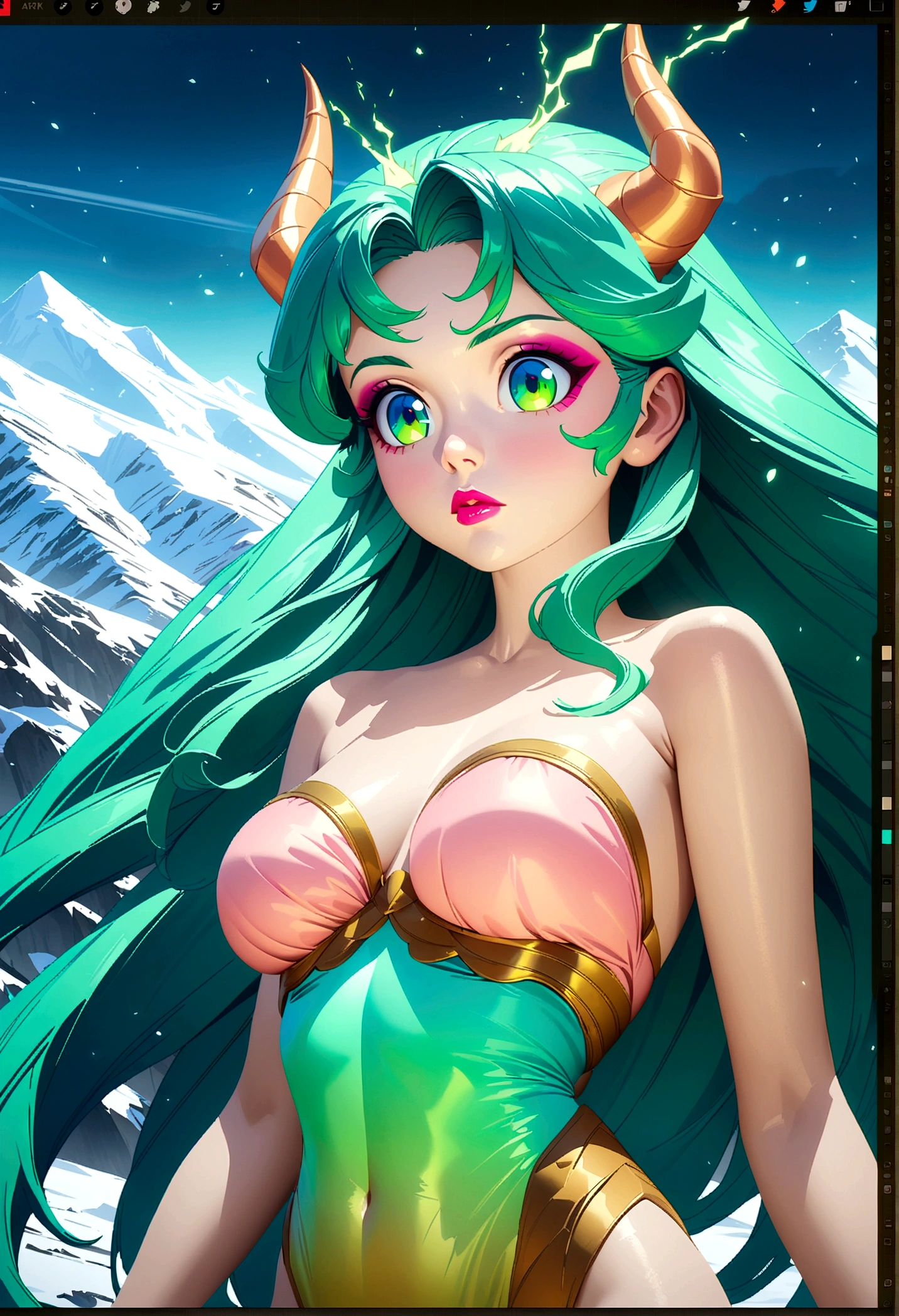 (Lum), long hair, breasts, blue eyes, green hair, strapless, makeup, eyeshadow, tiny horns, score_10, score_9, score_8_up, anime screencap, Vintage style fantasy, masterpiece, Great art, Best quality, 1 girl, Girl close-up, Scandinavian princess, Scandinavian Mountains, Winter weather, Symmetrical and hyper-detailed face, silky skin, Like peach silk, Bright and aggressive green eyes, wild hair, sculpted body, (Electric sparks: 0.9), Adobe Illustration, Trend on Artstation, 8 k, HD, uhd, Cool and soft lighting,