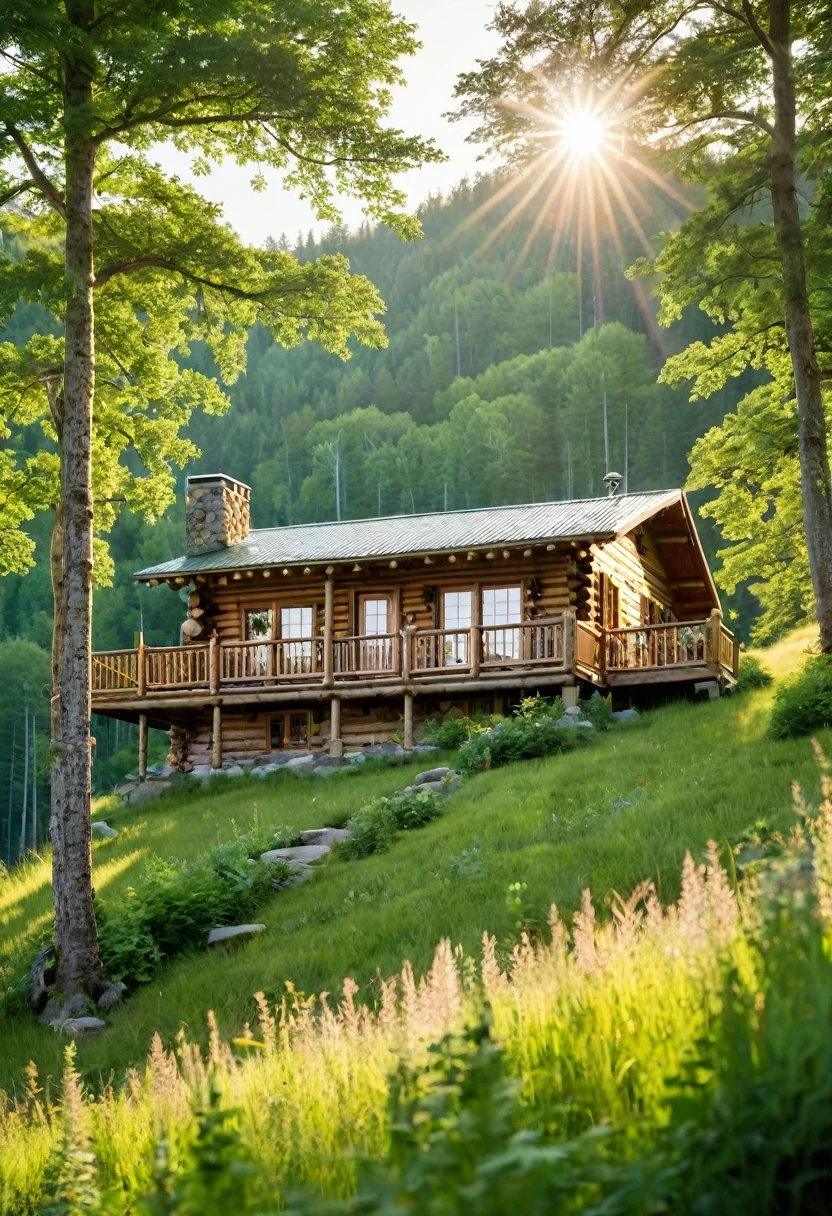 A sprawling log cabin, perched on a verdant hillside, commands a breathtaking view of the surrounding forest. The sunlight bathes the scene in a warm glow, highlighting the rustic charm of the cabin and the lush beauty of the landscape.