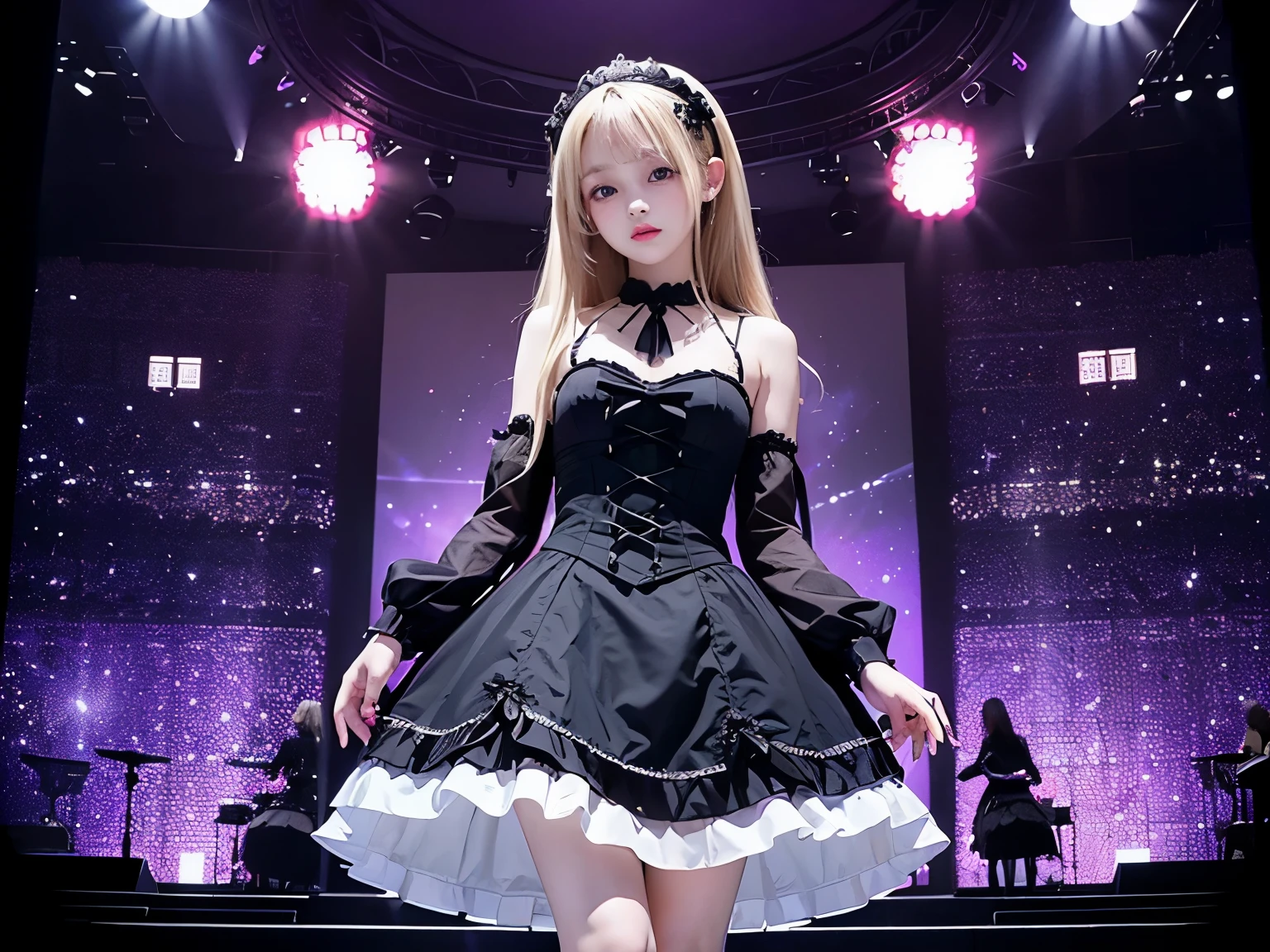 1 , (Highly detailed CG Unity 8k wallpaper), The most beautiful works of art in the world, Girl in a Gothic Lolita Dress, , blonde, Slim and young々New body, Small breasts, White skin, Clothes with protruding shoulders, With a beautiful face, Wearing a Gothic Lolita Dress, Shine, Surrounded by fantastic light, Deep purple dark background, Great background, Looking at the audience, Cinema Lighting