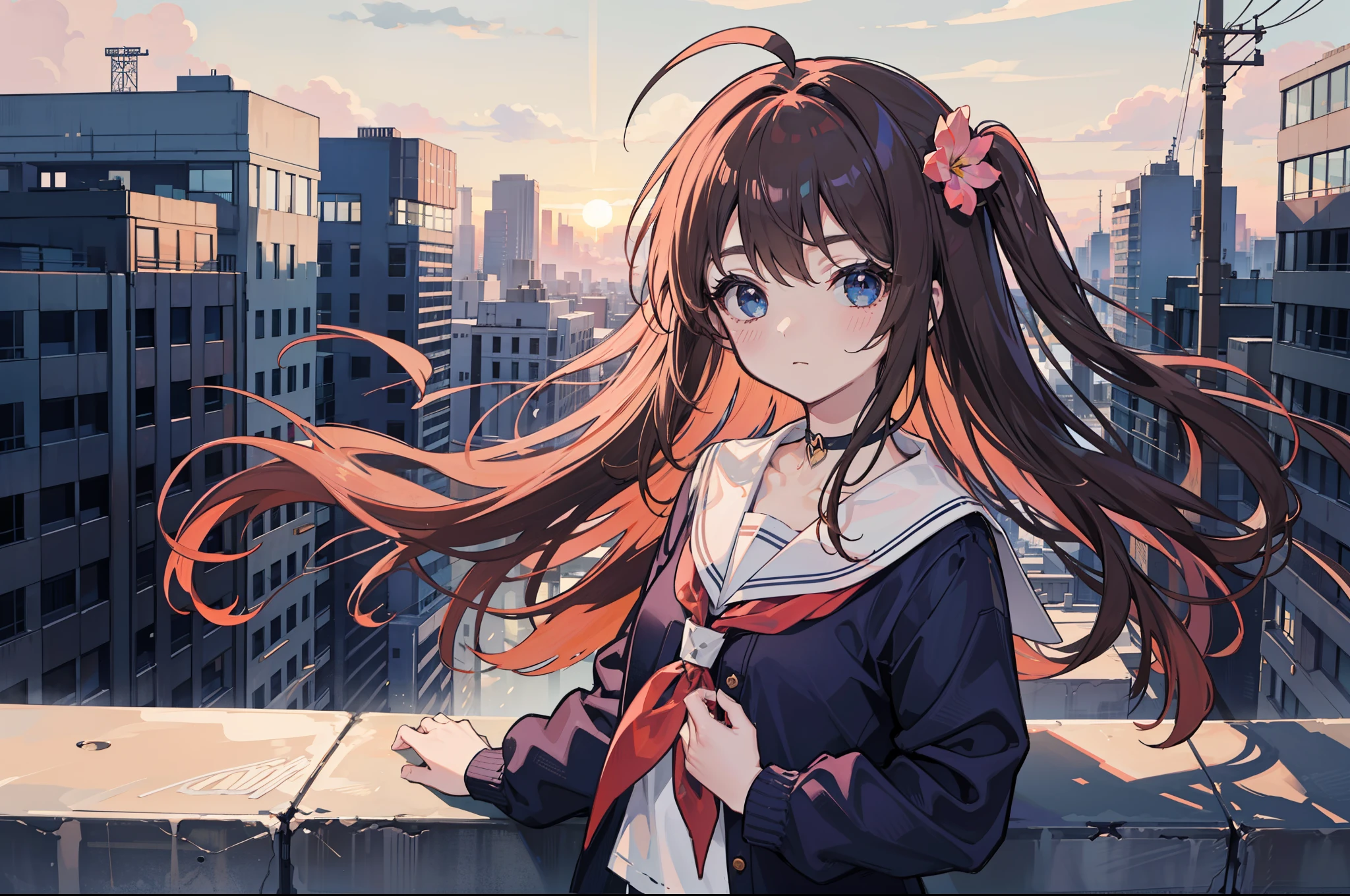 rating:safe, 1girl, long_hair, solo, hair_ornament, hair_flower, sky, flower, ahoge, choker, outdoors, cloud, brown_hair, blush, one_side_up, bangs, blue_eyes, closed_mouth, looking_at_viewer, building, eyebrows_visible_through_hair, upper_body, serafuku, sunset, jacket, shirt, sailor_collar, cloudy_sky, white_shirt, school_uniform, cityscape, collarbone