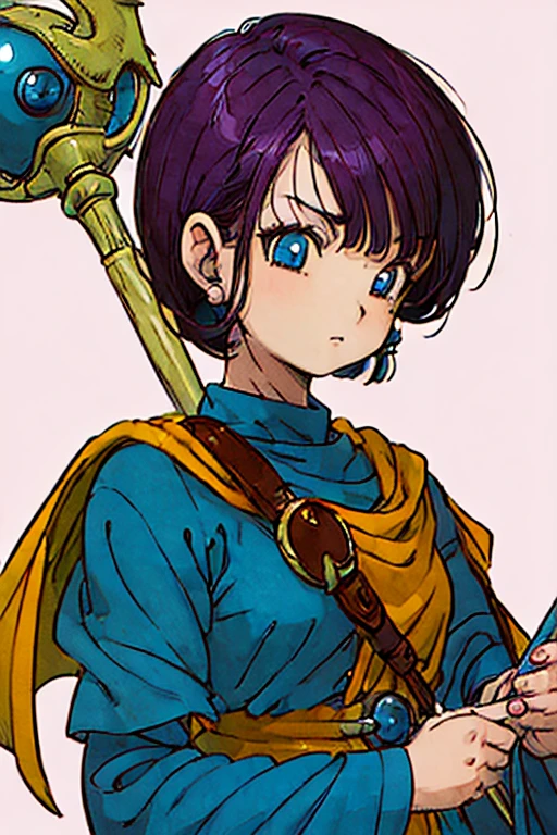 ((1 female:1.5)), high quality, ((Gentle expression:1.5)), short hair, Straight bangs, Bright Blue Eyes, The upper body is visible, Dragon Quest Wizard, ((No background:1.5)), staff