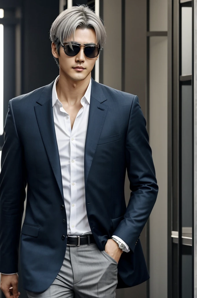 Gojo Satoru,Tall and handsome,Silver short hair,Blue eyes are often covered with a black eye patch or sunglasses。He always wears black,Exudes a confident and chic temperament。