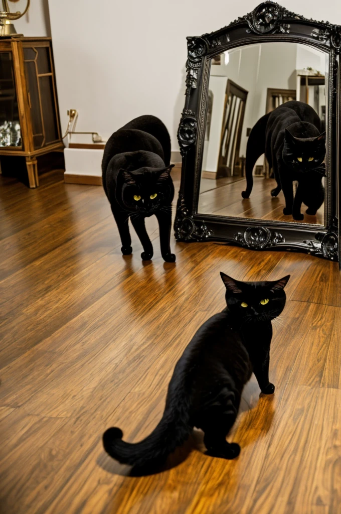 photorealistic image of a black cat the size of a human, highly detailed, stands in the room in front of a floor-mounted rotating full-length mirror, the cat looks in the mirror with its back turned, its display is the main detail of the entire image, room in a Moscow apartment, decoration in the style of the 60s of the 20th century, with many details