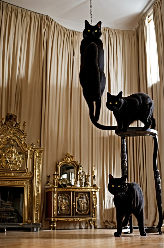 photorealistic image of a black cat the size of a human, highly detailed, stands in the room in front of a floor-mounted rotating full-length mirror, the cat looks in the mirror with its back turned, its display is the main detail of the entire image, room in a Moscow apartment, decoration in the style of the 60s of the 20th century, with many details