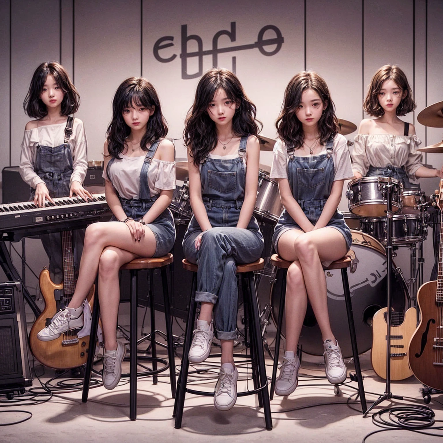 **Photo of 5 beautiful girls sitting in chairs lined up from right to left:**
- **3 girls with messy hair style**
- **2 girls with wavy bob hair style**
They are wearing jumpsuits. One girl is playing the drums, one girl is playing the piano, one girl is playing the bass guitar, one girl is playing the guitar, and one girl is singing. They are sitting behind a board with the word "ECHO" written on it. The background is a music studio, complete with drums, guitars, bass guitar, and piano. The image is ultra HD, 4k, and realistic, with an aspect ratio of 4:3.
