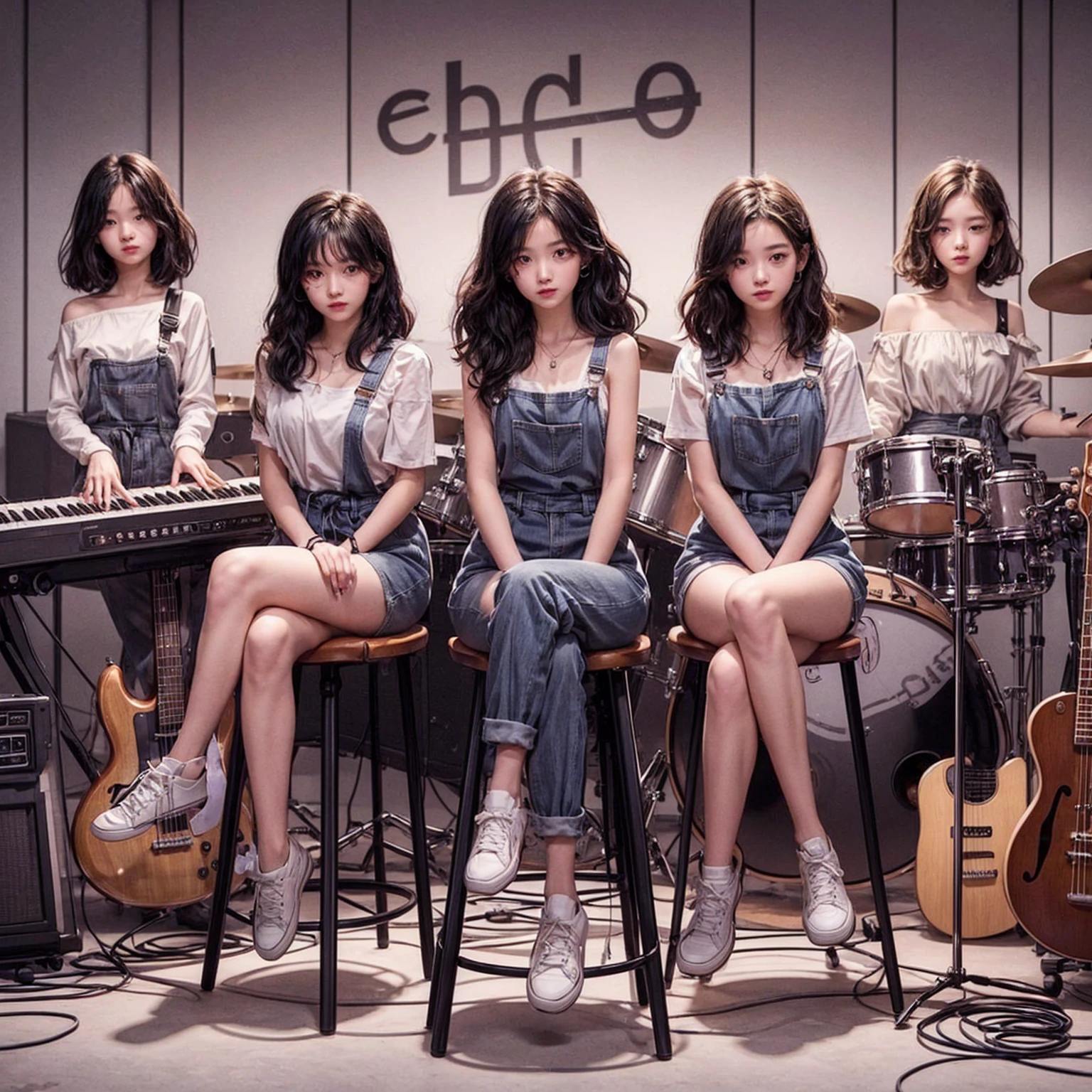 **Photo of 5 beautiful girls sitting in chairs lined up from right to left:**

- **3 girls with messy hair style**
- **2 girls with wavy bob hair style**

They are wearing jumpsuits. One girl is playing the drums, one girl is playing the piano, one girl is playing the bass guitar, one girl is playing the guitar, and one girl is singing. They are sitting behind a board with the word "ECHO" written on it. The background is a music studio, complete with drums, guitars, bass guitar, and piano. The image is ultra HD, 4k, and realistic, with an aspect ratio of 4:3.