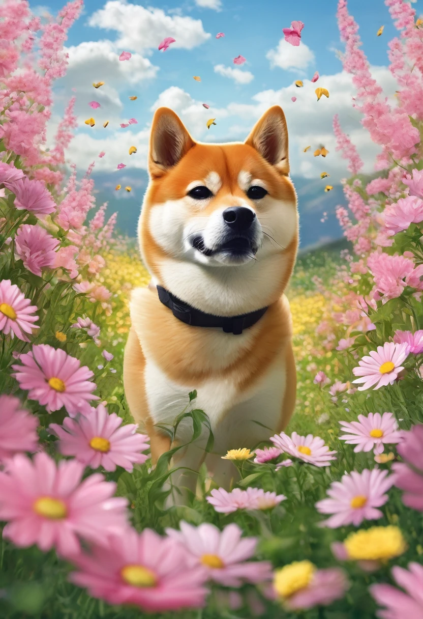 shiba inu in a flower field with flowers floating in the air