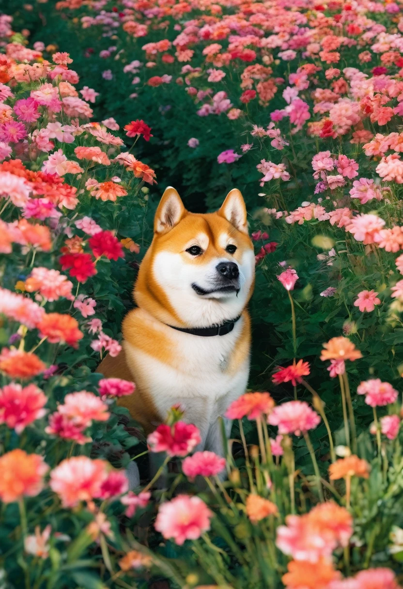 shiba inu in a flower field with flowers floating in the air