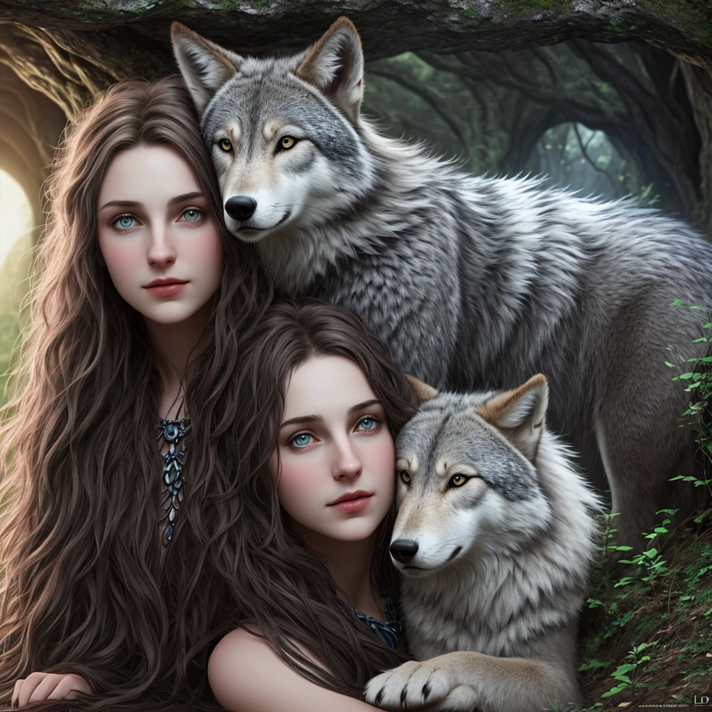 (Beautiful druid girl:1.3) Hugging a Wolf (Extremely detailed CG 8k unity wallpaper,work of art, best qualityer, ultra detali, beautiful detailed eyes:1.2),better lighting, (best shade, extremely delicate and beautiful, blossom), work of art, best qualityer:1.1, realisitic:1.3, cinematic lighting:1.2, in the dark cave:1.5, ultra photoreal, photorealisitic:1.0, sharp focus:
