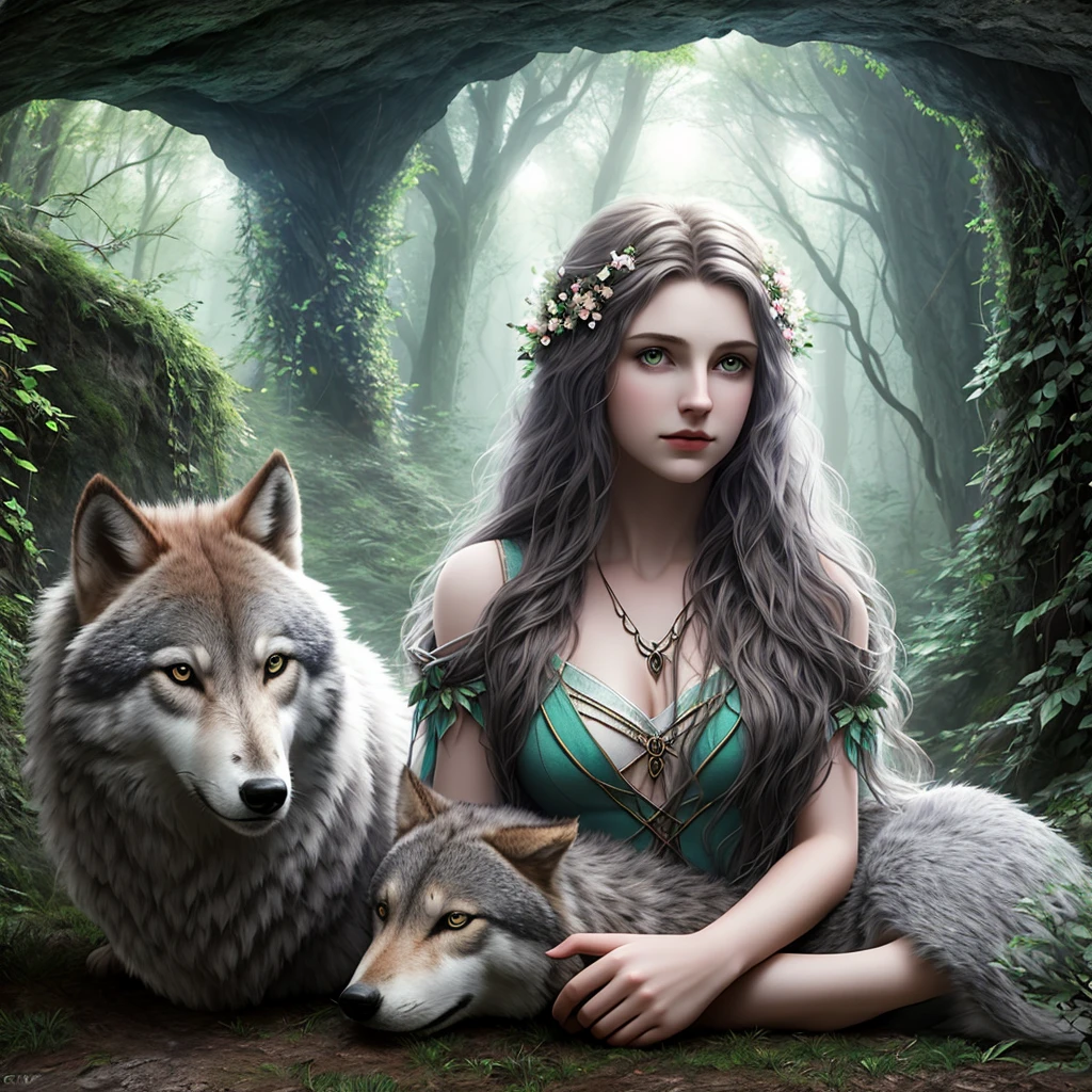 (Beautiful druid girl:1.3) Hugging a Wolf (Extremely detailed CG 8k unity wallpaper,work of art, best qualityer, ultra detali, beautiful detailed eyes:1.2),better lighting, (best shade, extremely delicate and beautiful, blossom), work of art, best qualityer:1.1, realisitic:1.3, cinematic lighting:1.2, in the dark cave:1.5, ultra photoreal, photorealisitic:1.0, sharp focus: