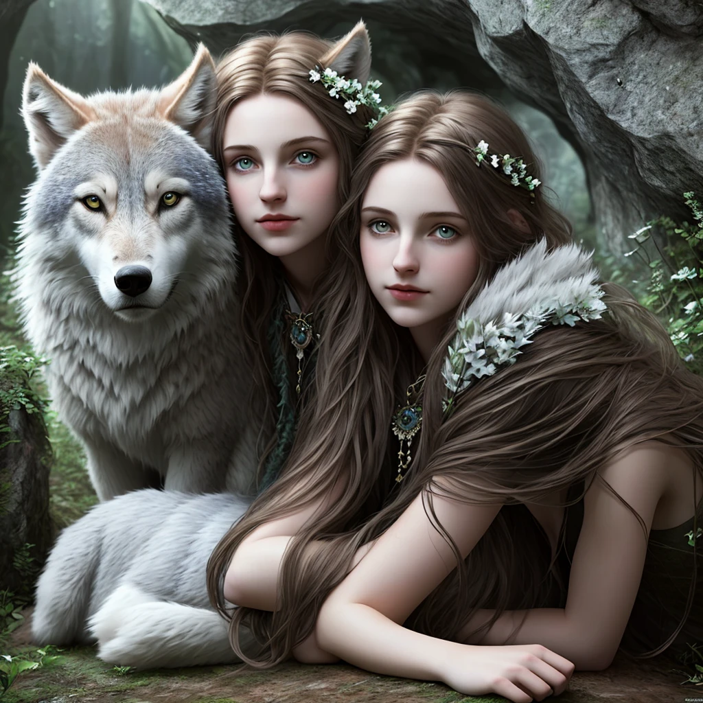 (Beautiful druid girl:1.3) Hugging a Wolf  (Extremely detailed CG 8k unity wallpaper,work of art, best qualityer, ultra detali, beautiful detailed eyes:1.2),better lighting, (best shade, extremely delicate and beautiful, blossom), work of art, best qualityer:1.1, realisitic:1.3, cinematic lighting:1.2, in the dark cave:1.5, ultra photoreal, photorealisitic:1.0, sharp focus: