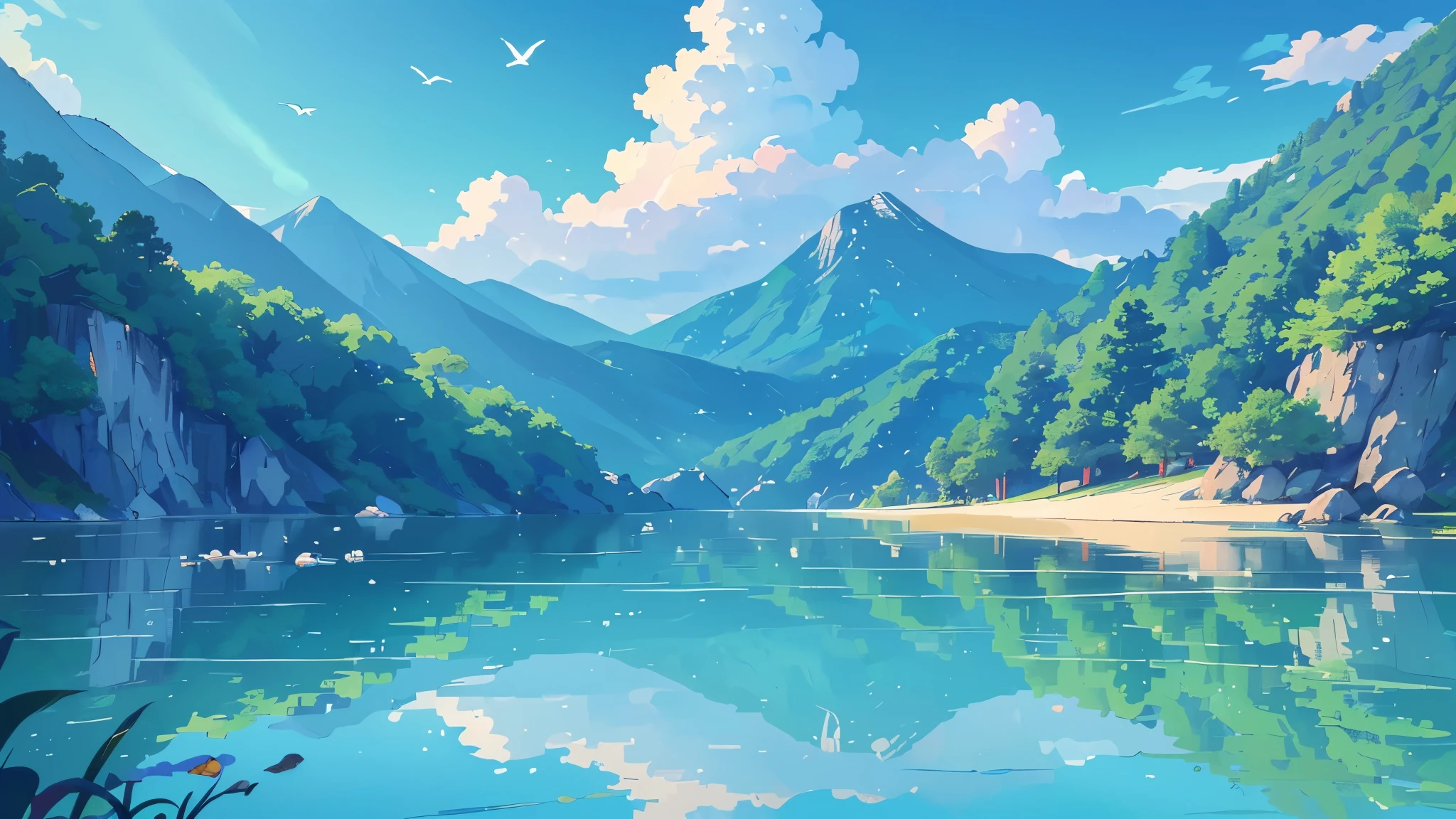 ((best quality,4K,8K,high resolution,masterpiece:1.2),Extremely detailed,(Practical,photoPractical,photo-Practical:1.37),Chinese style(Chinese style插画)Blue sky,White Cloud,birds in the distance,Sea,Great prospects,Vision,landscape,Waves,peaceful,peaceful,fresh air,peaceful的气氛,Endless Horizon,Vibrant colors,sky reflection on Sea surface,Lush greenery,The trees swayed,trunk,Mountains in the background,Magnificent beauty of nature,Land and sea,relaxing environment, Background only, Only the view,