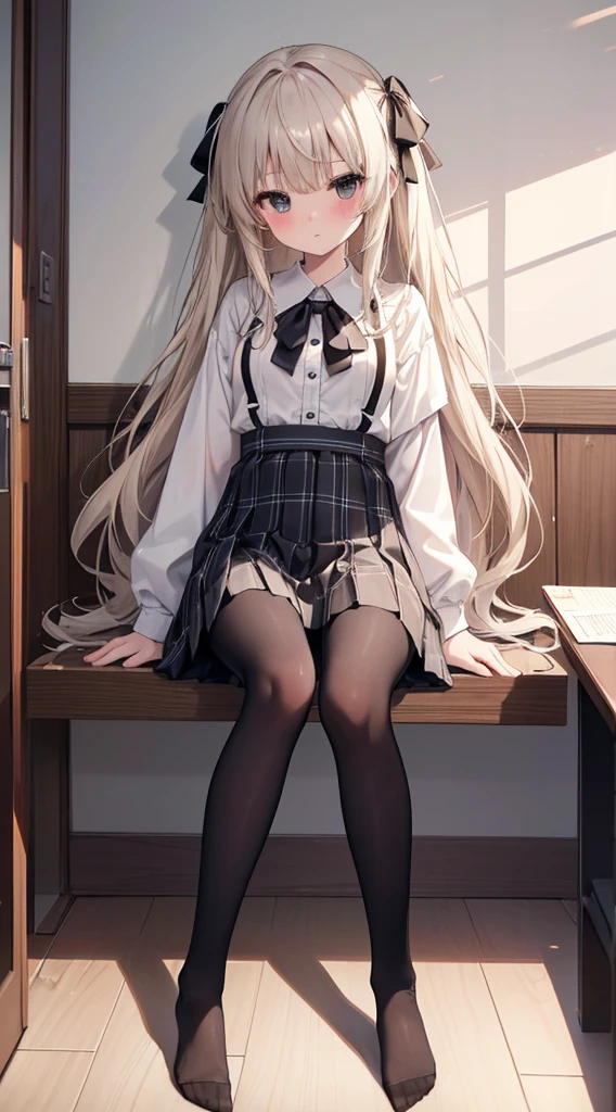 (8K、Best image quality、Highest quality、masterpiece)、One tall girl、((whole body))、Sit on the floor with your legs spread、White panties are visible、Long Hair、Wavy Hair、blush、Medium Bust、White collared shirt、Short sleeve、((Checkered pleated mini skirt))、Classroom Background、((black tights))、Black Pantyhose、((No shoes))