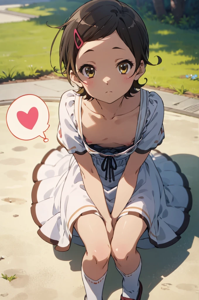 ,8yo,(petite), 1girl, looking at viewer, , hazuki katou,,,, ,park,,,(spoken heart),,flat chest,(expressionless),summer dress,nipple,perfect lighting,perfect shadow,socks