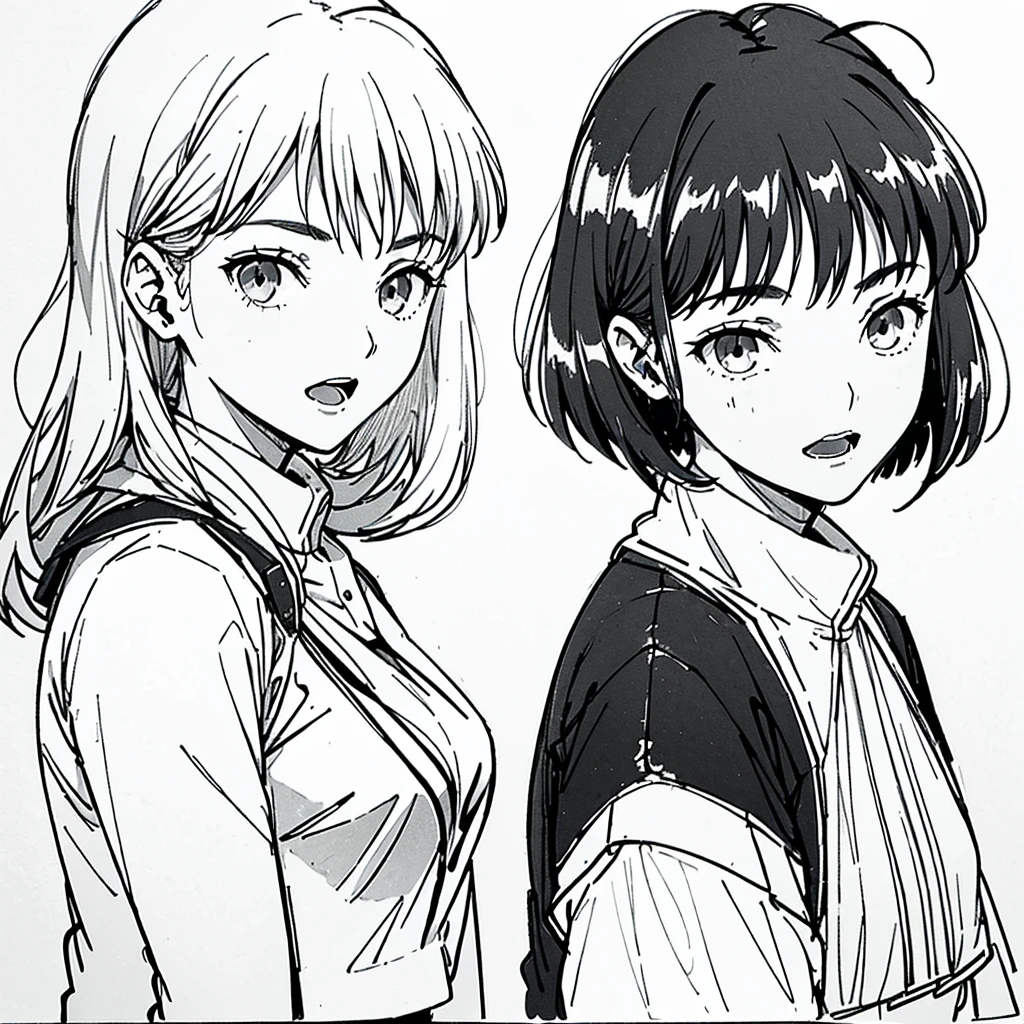 One Girl,Line art,Monochrome,sketch,Pencil drawing,Traditional Media,One Girl, skirt,Cute Teenage Girls, ,Beautiful portrait、Delicate body、Black Hair、Black Hair,landscape (Multiple Views, Multiple Angles), Side view, Front view, look up, Look down, Rear View, 20-degree head view(((Dynamic pose))),((Open mouth expression)) , 