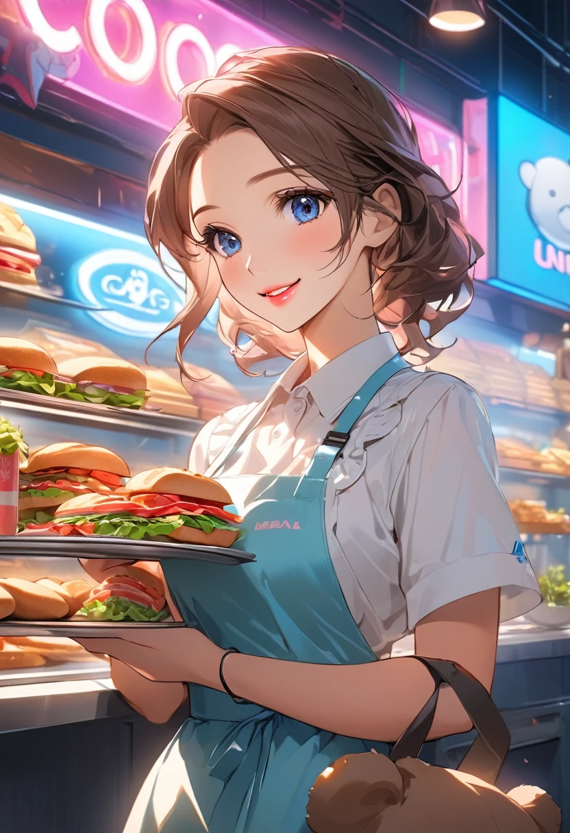 best quality,4k,8k,highres,masterpiece:1.2,ultra-detailed,1 beautiful smiling young woman, beautiful detailed eyes,beautiful detailed lips,extremely detailed eyes and face,longeyelashes,apron,making sandwiches,cute bear store logo on the wall,bear bread,neon lights,bread,cookies,sandwiches,salads,bottled drinks,Japanese anime style,beautiful background,depth of field,CG unity,illustration,vibrant colors,warm lighting,soft shadows,highly detailed