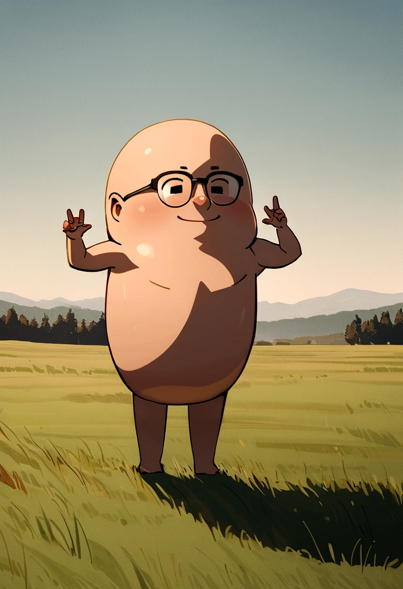 ((medium long shot photo)) of a handsome chubby dad pod body dark-haired Indian looking man, standing naked in a grassy field during the day ((exposing uncut )) smiling, well lit, long hair, glasses