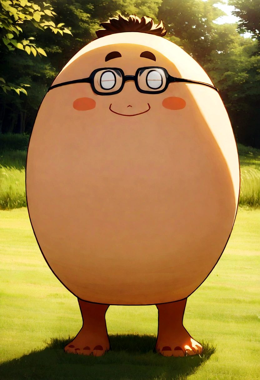 ((medium long shot photo)) of a handsome chubby dad pod body dark-haired Indian looking man, standing naked in a grassy field during the day ((exposing uncut )) smiling, well lit, long hair, glasses