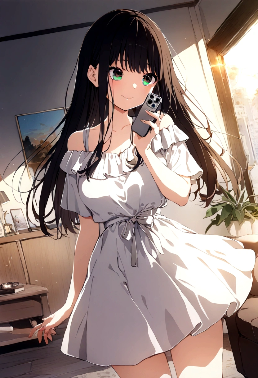 ((1girl)), super fine illustration, vibrant colors, absurdres extremely detailed CG, 8k wallpaper, (masterpiece:1.3), dynamic angle, dynamic pose,
best quality, depth of field, cinematic lighting, ultra detailed, brown long hair, very straight hair, large breast, white knit dress , 20yo, cute, kawaii, smile, droopy eyes, arms at sides, smartphone, modern living room