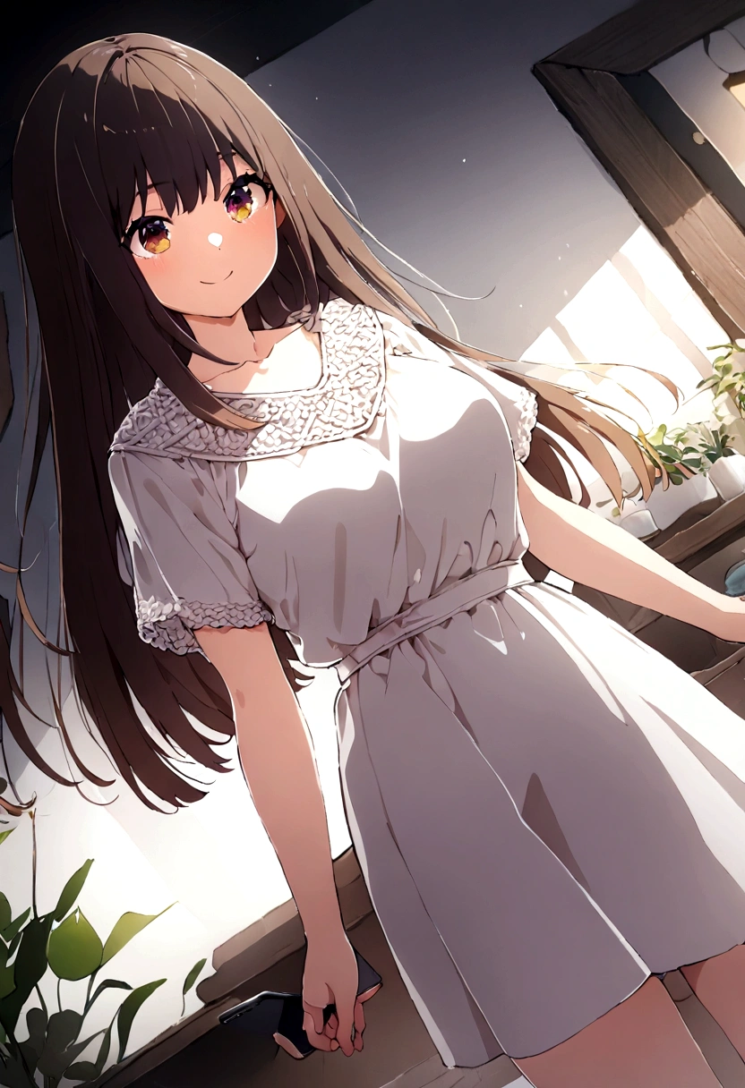 ((1girl)),  super fine illustration, vibrant colors, absurdres extremely detailed CG, 8k wallpaper, (masterpiece:1.3), dynamic angle, dynamic pose, 
best quality, depth of field, cinematic lighting, ultra detailed, brown long hair, very straight hair, large breast, white knit dress , 20yo, cute, kawaii, smile, droopy eyes, arms at sides, smartphone, modern living room