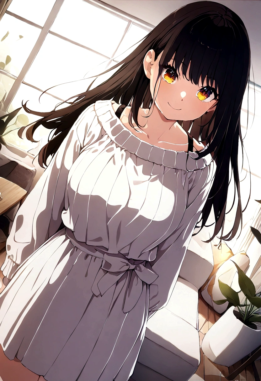 ((1girl)),  super fine illustration, vibrant colors, absurdres extremely detailed CG, 8k wallpaper, (masterpiece:1.3), dynamic angle, dynamic pose, 
best quality, depth of field, cinematic lighting, ultra detailed, brown long hair, very straight hair, large breast, white knit dress , 20yo, cute, kawaii, smile, droopy eyes, arms at sides, smartphone, modern living room