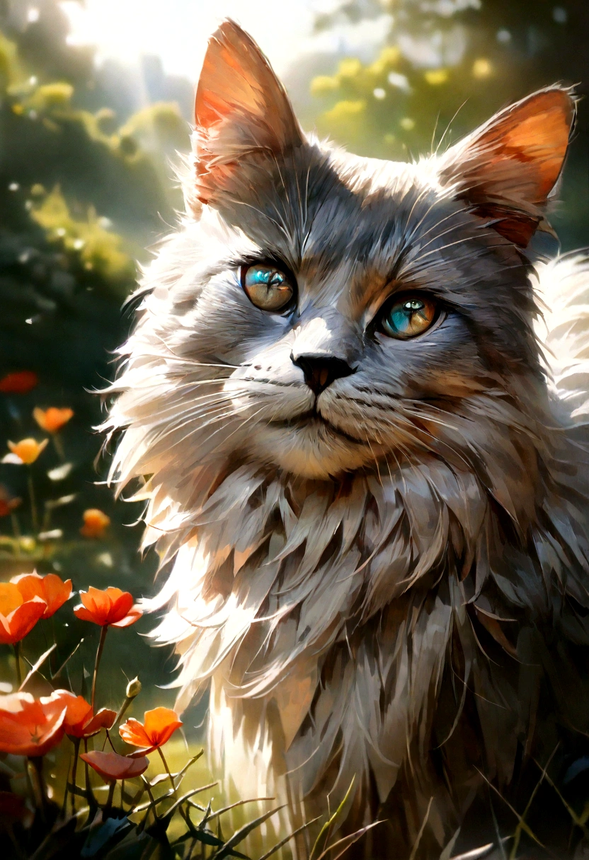 (best quality,4k,8k,highres,masterpiece:1.2),ultra-detailed,(realistic,photorealistic,photo-realistic:1.37),a girl in a garden,oil painting,5 cats,beautiful detailed eyes,beautiful detailed lips,extremely detailed eyes and face,long eyelashes,medium:oil painting,fluffy fur,playful expressions,cute poses,soft sunlight,blossoming flowers,green grass,vibrant colors,relaxing atmosphere,harmonious composition,warm color tones,happy and joyful,focused and concentrated,playful and mischievous,delicate brushstrokes,expressive facial features,natural and realistic textures,peaceful and serene,blurred background,soft and gentle light,masterful craftsmanship,juxtaposed composition,aesthetic appeal.