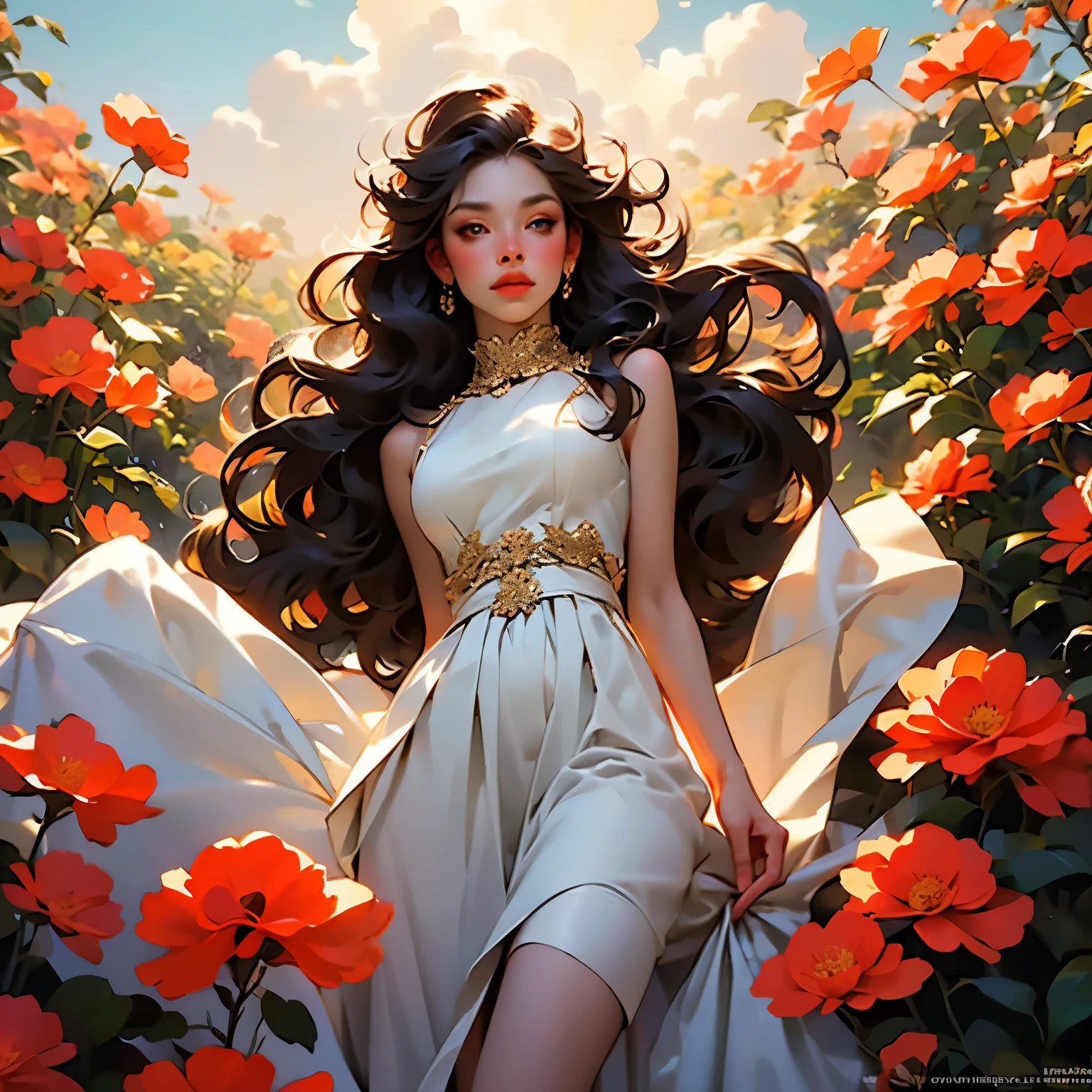 Young and incredibly beautiful woman standing in a flower field in a thin white sensual dress, sensual expression, translucent skin, legs spread wide, hands on crotch, erotic, 8k, highly detailed, realistic, dramatic lighting, vibrant colors, romantic, portrait, shot from below, sunrise sky