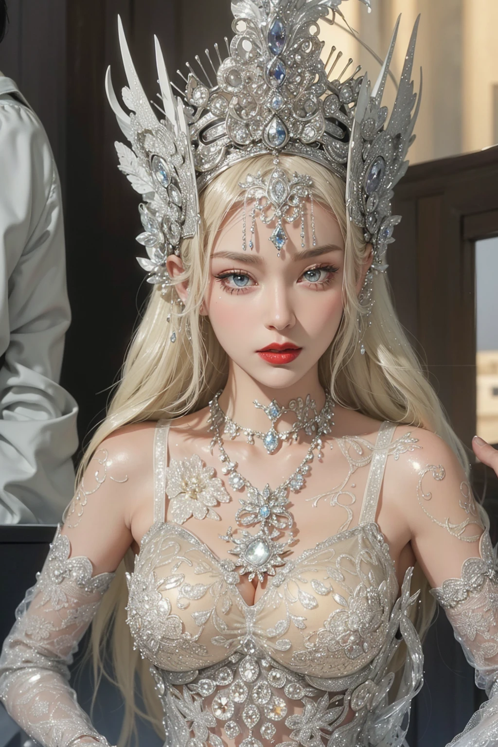 Royal princess,Super detailed, Delicate face, Stock Photography , Portrait 400, F1 Camera Lens.6, Colorful, Surrealism, Realistic textures, Dramatic Lighting, Thin Film Distiller 800 (8K, original photo, Better quality, masterpiece: 1.2), Super detailed, (Extremely delicate skin: 1.2), 8K 超高清, SLR camera, Soft Light, high quality.Fire Queen,Blue pupils,Apply red lipstick,Have a tattoo,The tattoo is very three-dimensional,Gorgeous and intricate tattoo designs,8K Mugshot,Large Breasts,Dark eyeshadow,Sexy thick lips(Red lipstick),Ice Princess,The facial features are very three-dimensional,Gorgeous and exquisite crystal diamond lace wedding dress,Silver armor,Exquisite and ornate silver decoration,Universe shining diamond gem