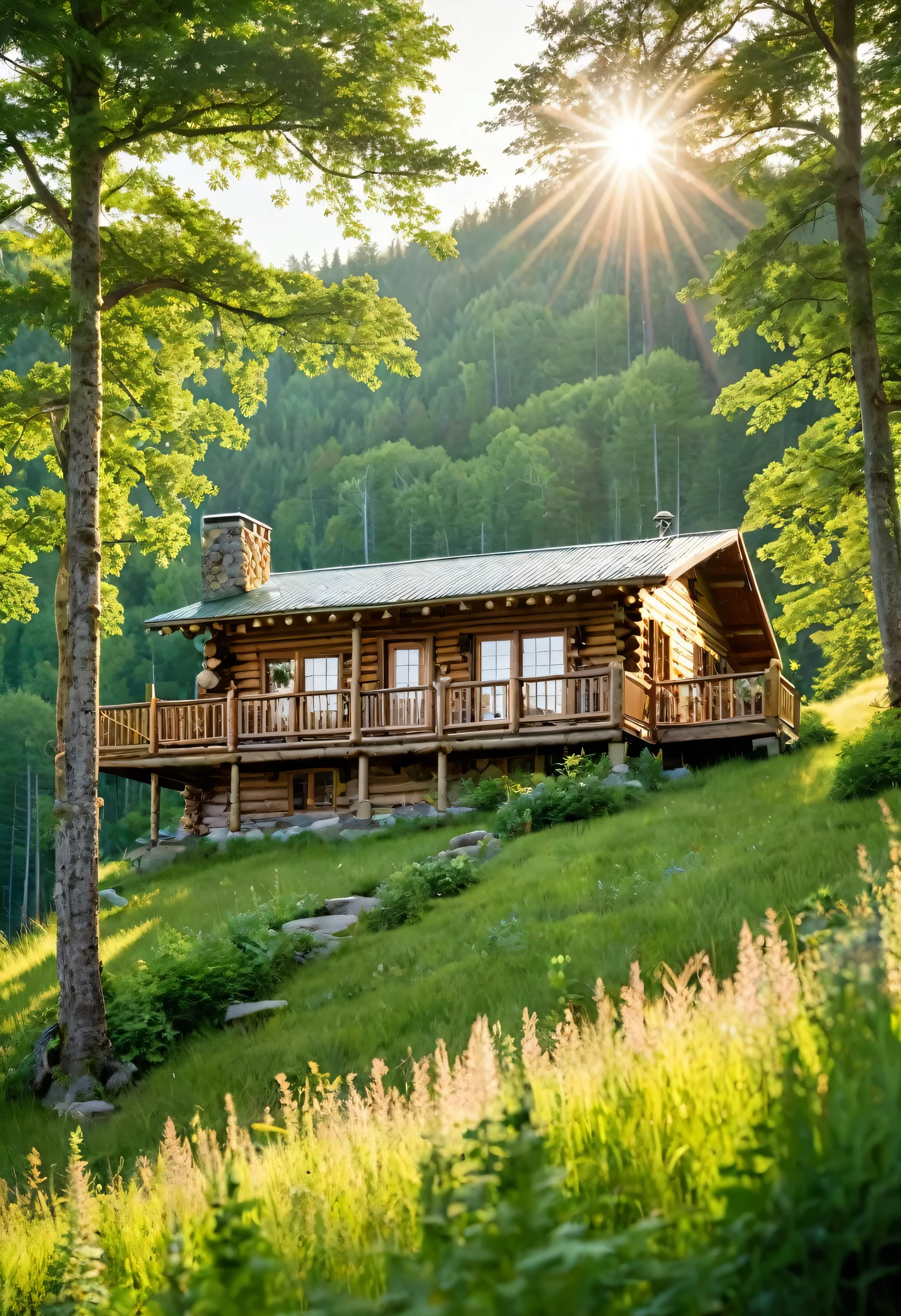 A sprawling log cabin, perched on a verdant hillside, commands a breathtaking view of the surrounding forest. The sunlight bathes the scene in a warm glow, highlighting the rustic charm of the cabin and the lush beauty of the landscape.