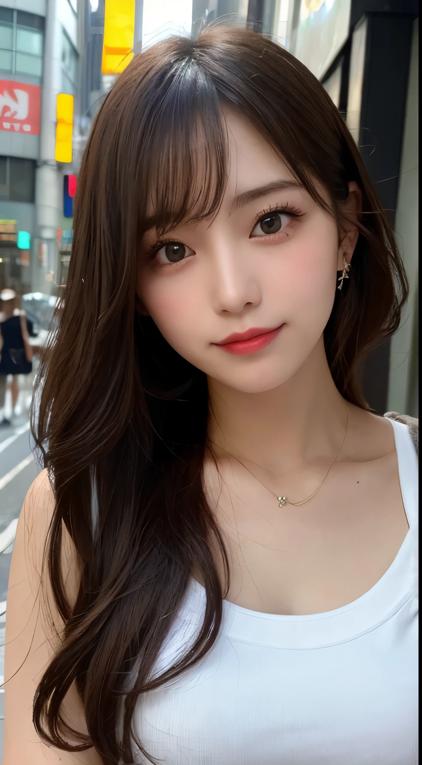 Tabletop, Highest quality, shape, Very detailed, finely, High resolution, 8k wallpaper, 完璧なダイナミックな構shape, Beautiful and exquisite,ランダムなcute髪,,Natural color lip, Bold sexy pose,smile、20-year-old girl、cute、Looking into the camera,Always blur the background,Perfect and beautiful face,Slim face and figure,Big eyes、Putting on gal makeup,Small face,smile,Blurred Background,Elegant feminine face、Cyberpunk Fashion、Fun in Shibuya、Disheveled Hair、Change pose randomly、Randomly change the shooting angle and position、Summer fashion for women、Disheveled Hair、Harajuku、Cool pose、night