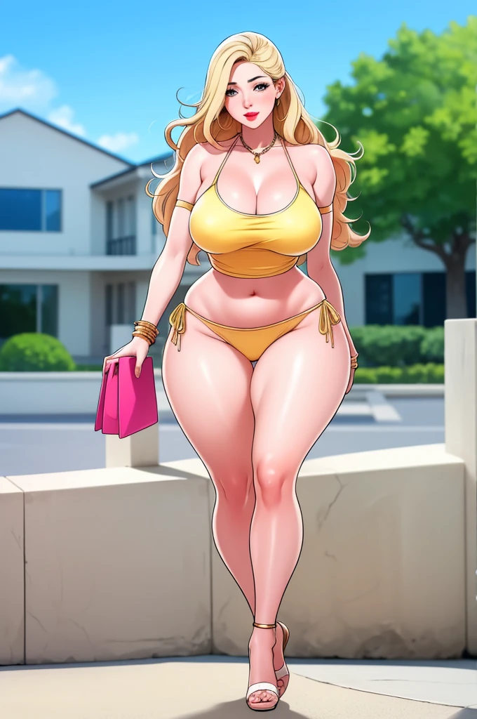 An extremely beautiful stunning voluptuous woman, with gold blonde long silky hair, big blue oceanic eyes, extremely super bright snow white fair stunning flawless glowing lush shiny white complexion, flawless skin, a perfect tight hourglass figure, and a skinny waist, sexy thick smooth luscious legs and thighs, wearing a short sexy tight revealing purple bikini, yellow heels, gold necklace on the neck, gold anklets on feet, gold chain on the waist, standing straight, extremely cute smile on the face, bright pink blushes on cheeks, holding a pink purse, beach in the background, show full body from head to feet.