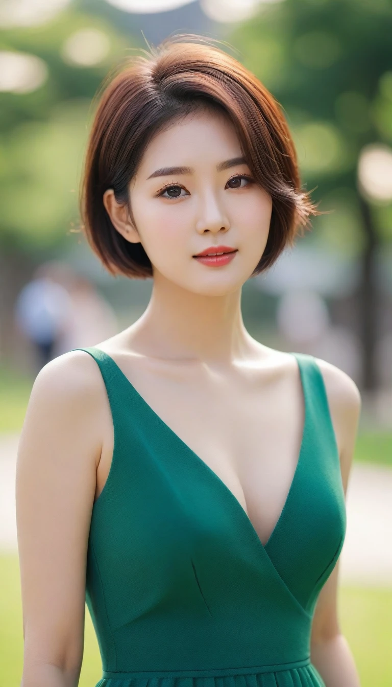 Close up of beautiful Korean woman, Chest size 32 inches, wearing a dress, Short hair , green grass park, bokeh background, uhd