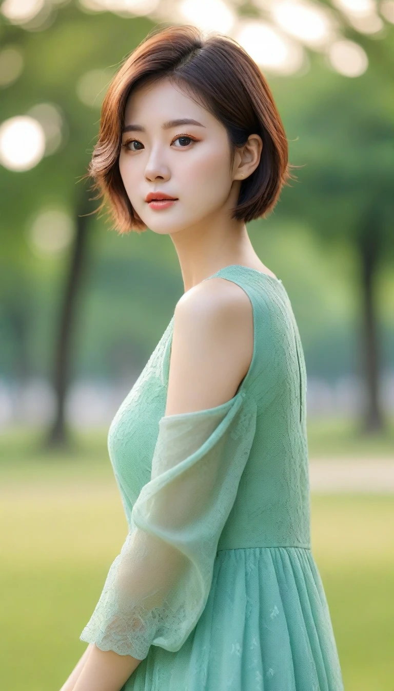 Close up of beautiful Korean woman, Chest size 32 inches, wearing a dress, Short hair , green grass park, bokeh background, uhd