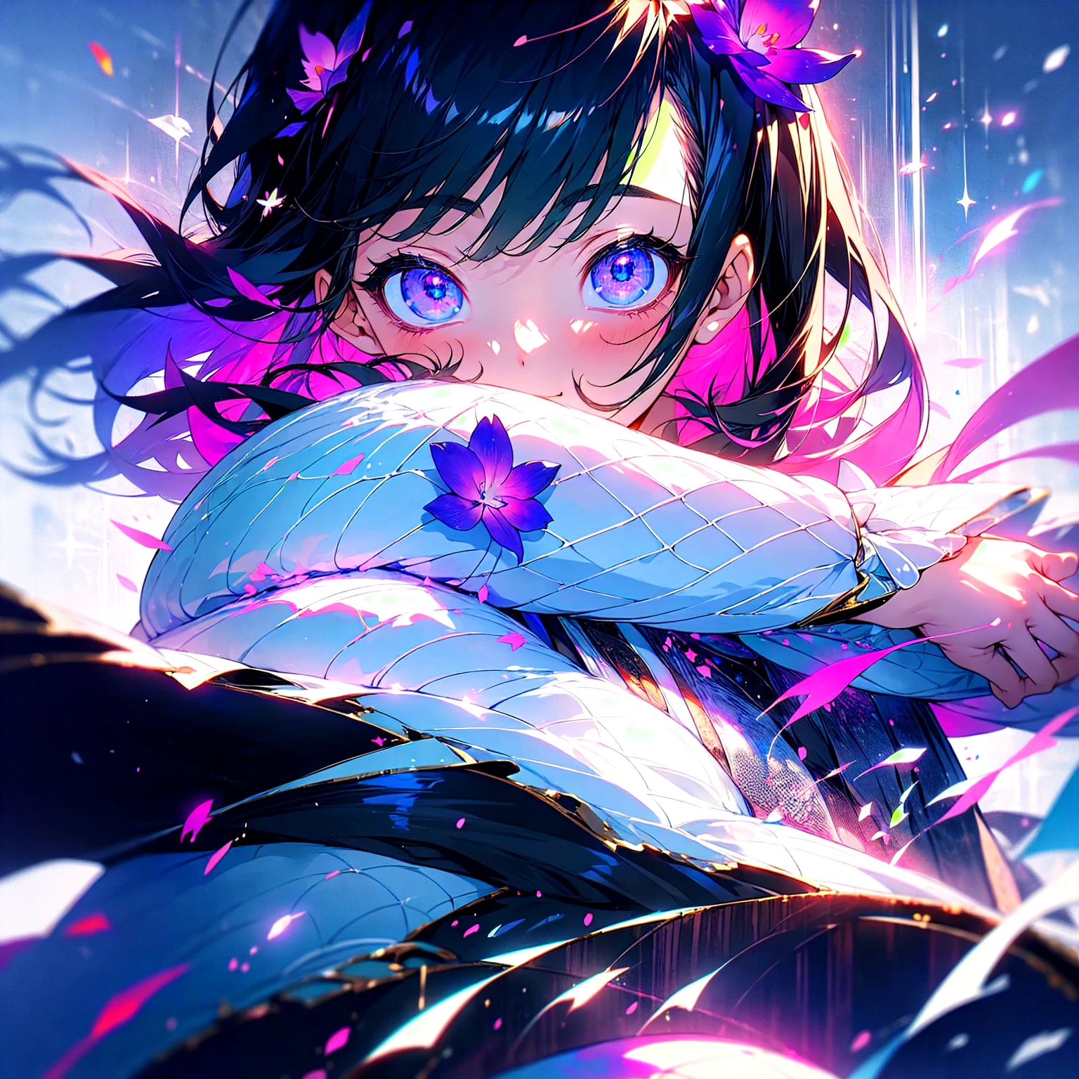 (beautifully、aesthetic:1.2)、(1 Girl:1.3)、(black hair:1.2)、Wearing a purple kimono、miracle、happinessそうな笑顔、like、happiness、Great space、Phalaenopsis flower、like情、likeに溢れる空間、