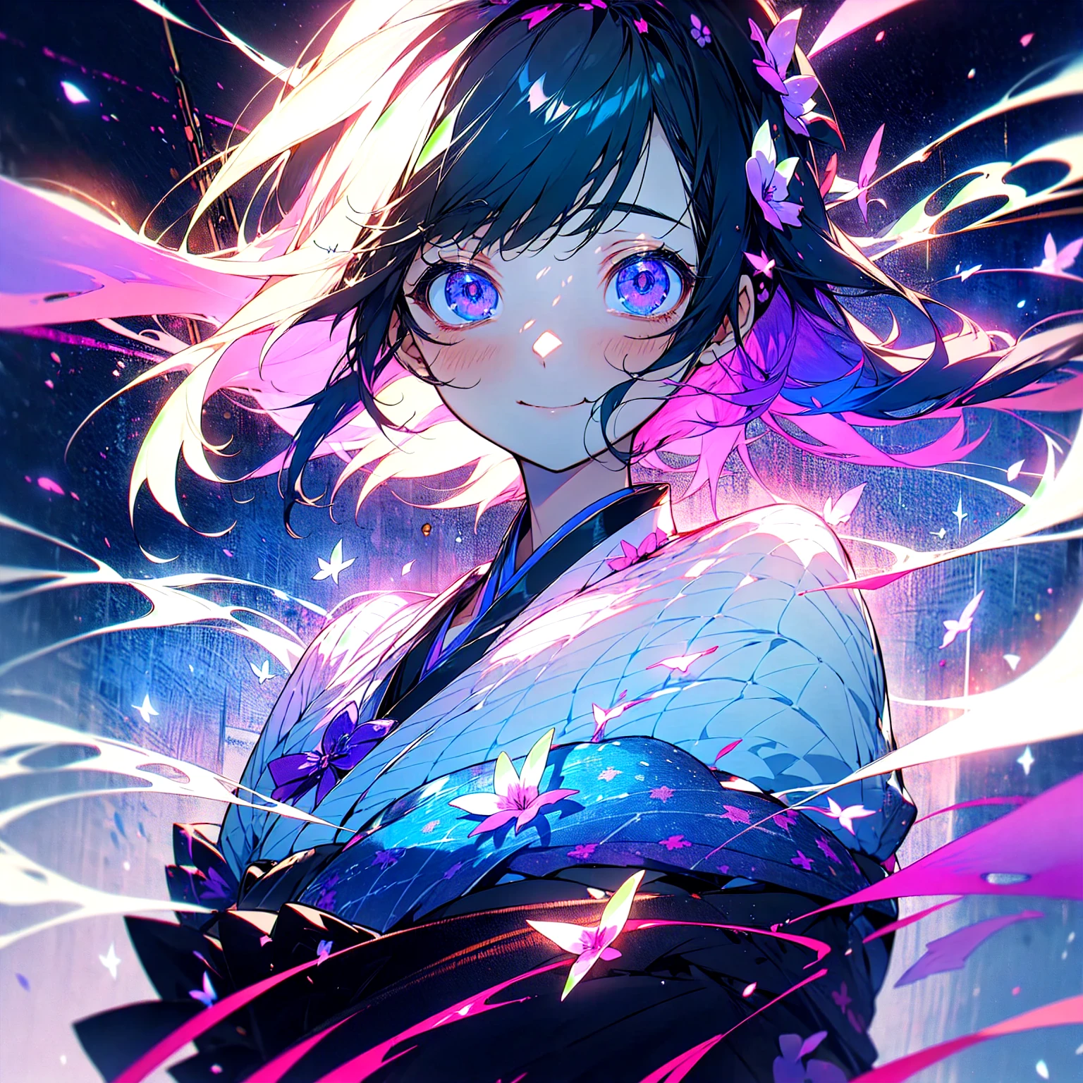 (beautifully、aesthetic:1.2)、(1 Girl:1.3)、(black hair:1.2)、Wearing a purple kimono、miracle、happinessそうな笑顔、like、happiness、Great space、Phalaenopsis flower、like情、likeに溢れる空間、