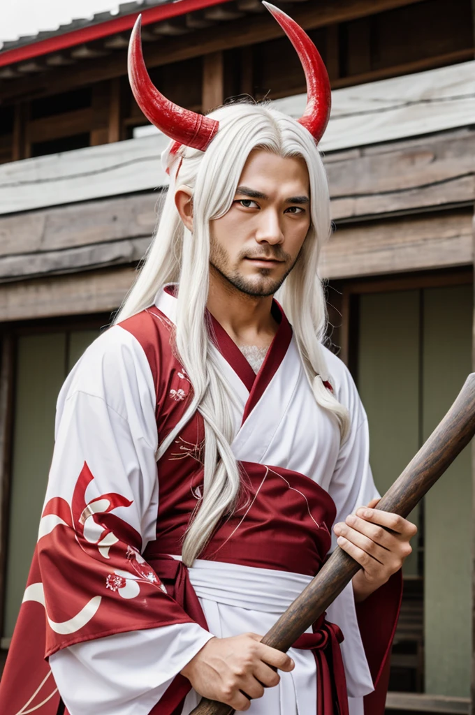 Anime White Long hair man with red eyes have two horns in yukata holding an axe