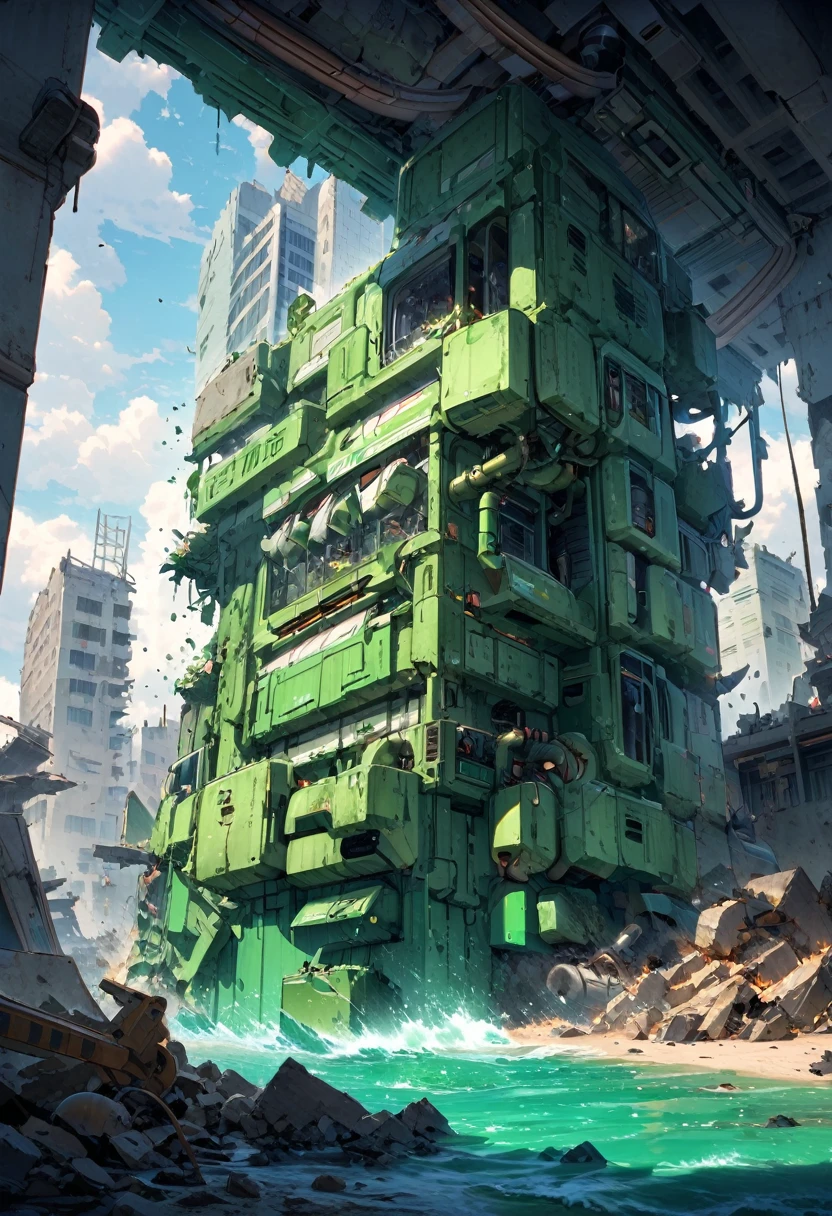 many bright buildings, many crashing, almost empty, standing ruins of water.
green, water machine, are green, in a green building
a cloudy oil filling the burning building because it is an very heavy machine workers in the desert.
my green tank at the ocean