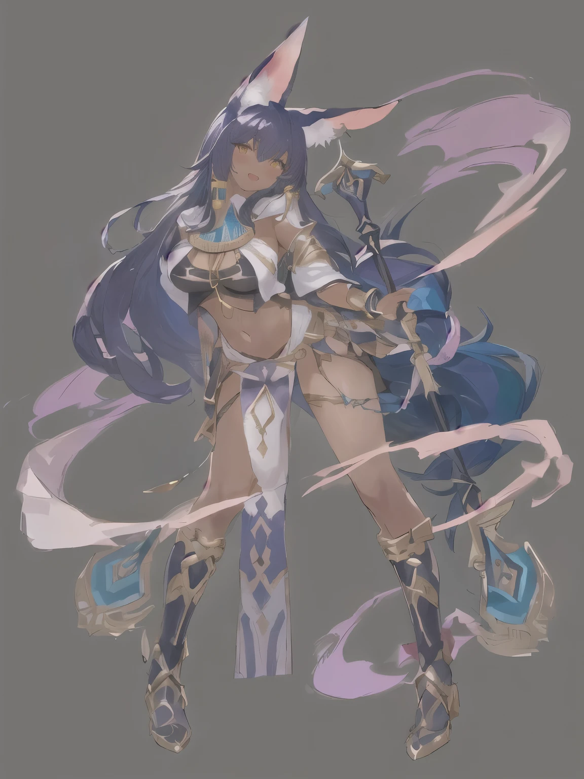 1girl, breasts, dark-skinned female, long hair, solo, dark skin, animal ears, yellow eyes, large breasts, very long hair, grey background, staff, jackal ears, full body, egyptian clothes, jewelry, navel, tattoo, purple hair, egyptian, simple background, open mouth, looking at viewer, usekh collar, earrings, low-tied long hair, smile, holding, revealing clothes, standing, holding staff, blue hair, blush, ankh
