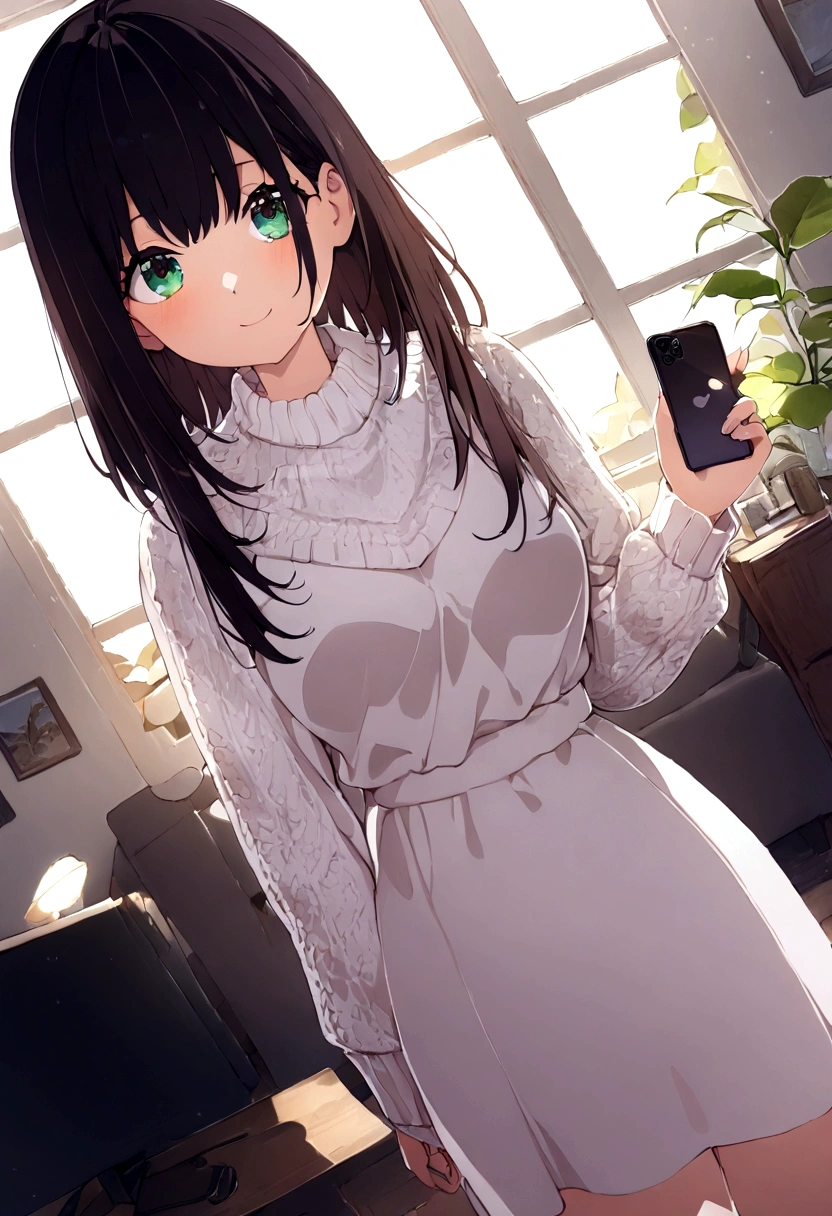 ((1girl)), super fine illustration, vibrant colors, absurdres extremely detailed CG, 8k wallpaper, (masterpiece:1.3), dynamic angle, dynamic pose,
best quality, depth of field, cinematic lighting, ultra detailed, brown long hair, very straight hair, large breast, white knit dress , 20yo, cute, kawaii, smile, droopy eyes, arms at sides, smartphone, modern living room