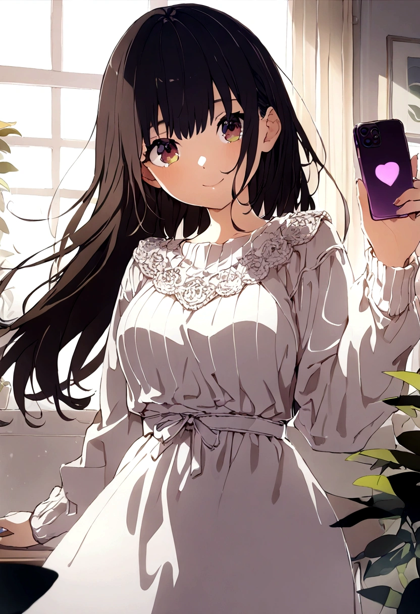 ((1girl)), super fine illustration, vibrant colors, absurdres extremely detailed CG, 8k wallpaper, (masterpiece:1.3), dynamic angle, dynamic pose,
best quality, depth of field, cinematic lighting, ultra detailed, brown long hair, very straight hair, large breast, white knit dress , 20yo, cute, kawaii, smile, droopy eyes, arms at sides, smartphone, modern living room