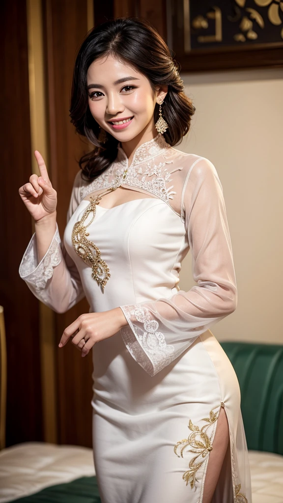 The woman in the kebaya raises her right thumb while smiling