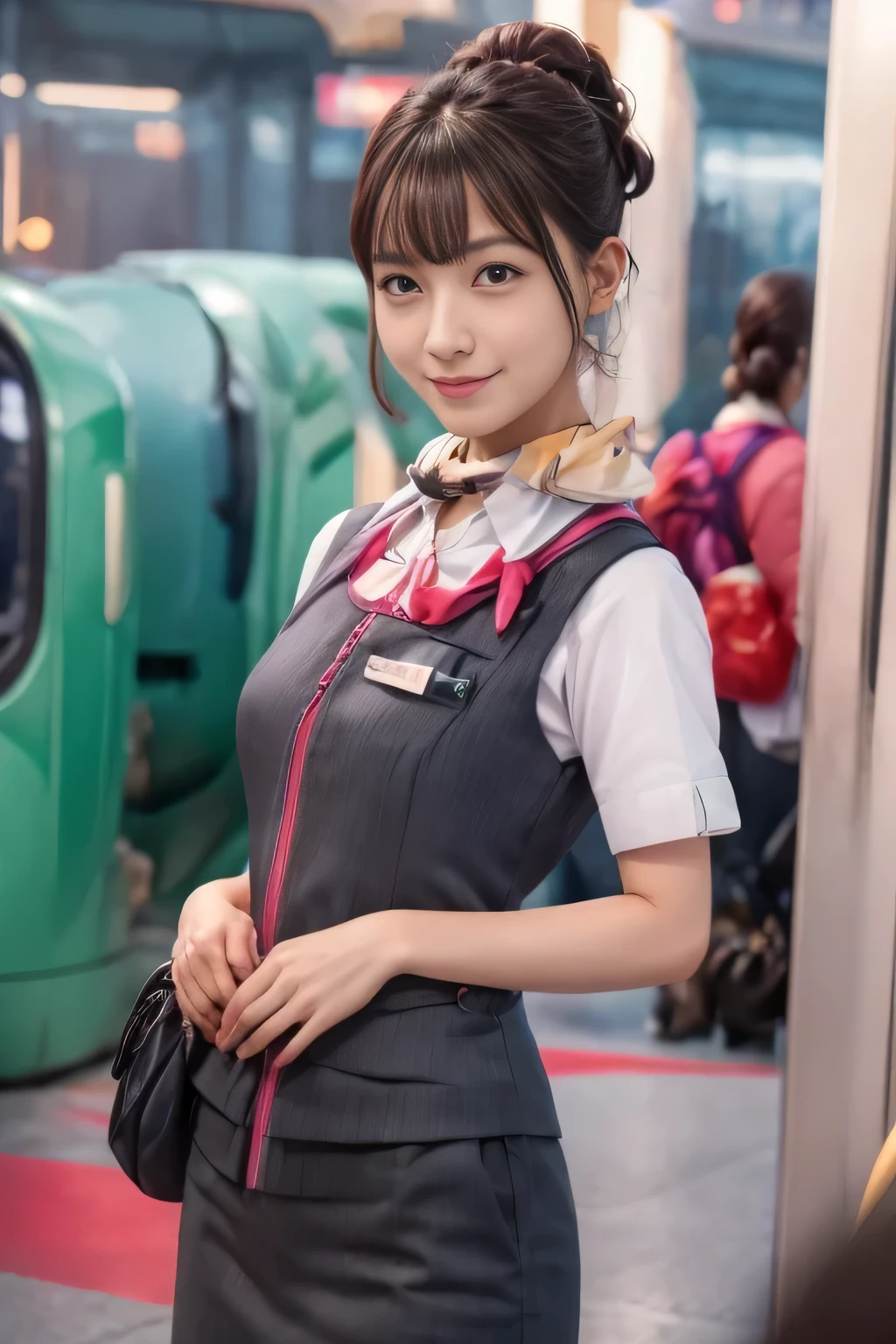 (masterpiece:1.2, Highest quality:1.2), 32k HDR, High resolution, (alone、One girl)、(At the station platform、Professional Lighting)、Empty train station platform background、(Realistic style of JR Gran Class crew uniform)、Short sleeve blouse、a scarf around the neck、(JR Gran Class flight attendant uniform with pink parts on the skirt sleeves)、(The uniform of a flight attendant in JR Gran Class has a pink line on the front zipper of the vest.)、Dark brown hair、(Chignon、Hair tied up)、Dark brown hair、Long Shot、Big Breasts、((Great hands:2.0)),((Harmonious body proportions:1.5)),((Normal limbs:2.0)),((Normal finger:2.0)),((Delicate eyes:2.0)),((Normal eyes:2.0)))、Big Breasts、Luxury Necklace、smile、Beautiful standing posture,Place your hands around your stomach