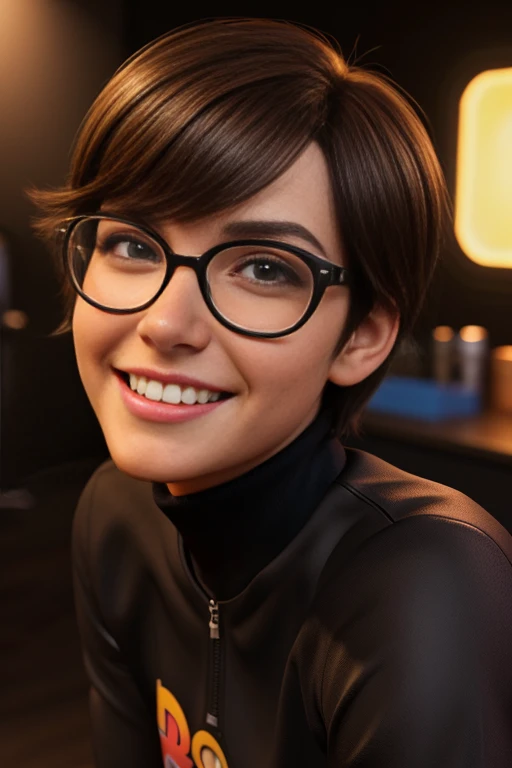 Pixar style image with 3D character glasses brunette man short brown hair, with a camera photographer in the non-makeup dressed in black Disney outfit, bonitinho, sorridente ,Close-up, Pixar, Disney, Cinema lighting