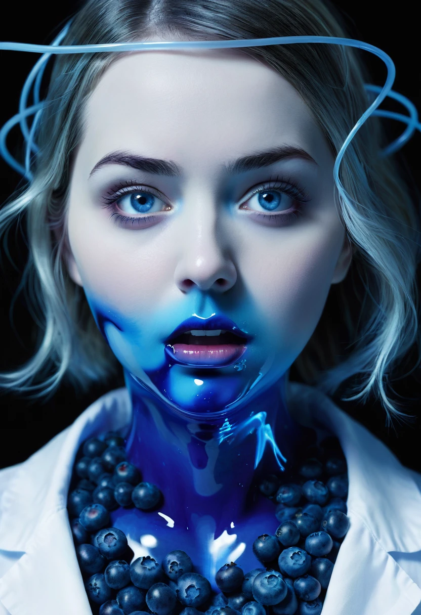 scientist, female, creepy, transforming, blueberry, mishap, formula, laboratory, horror, surreal, swelling up, blue, worried, experiment, accident, modern, eerie, detailed, glowing, vivid, turning blue