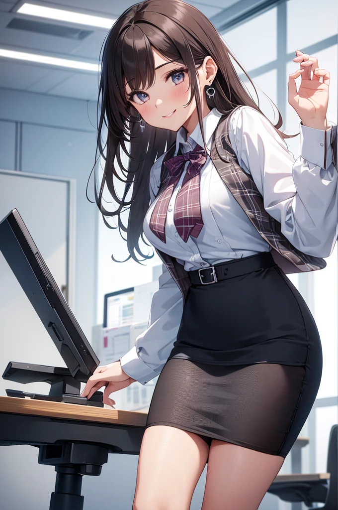 1 girl, pantyshot, long brown hair, office lady, Wearing a pink plaid vest, White short sleeved shirt, Gray pencil skirt, Wear stiletto heels, Necklace, earrings, Too big, Cute face, Smile, Blushing, Shyness, Glass wall, Ultra Detail, Realistic, Front view, Whole body,  (wearing in [[white and gray check pattern]] Vest worn over white collared long-sleeved shirt:1.4), (gray vest with buttons:1.2), (Pink Theme:1.2), (blue ribbon ribbon:1.3), (Black theme:1.4), (Tight black pencil skirt:1.5), (Brown pantyhose), (high-heels:1.1),office desk, office chair,Lulubre Unity 8K Wallpaper, Beautiful background, clearly, Best Quality, The highest resolution, Best aesthetic,extremely detailed CG unity 8k,