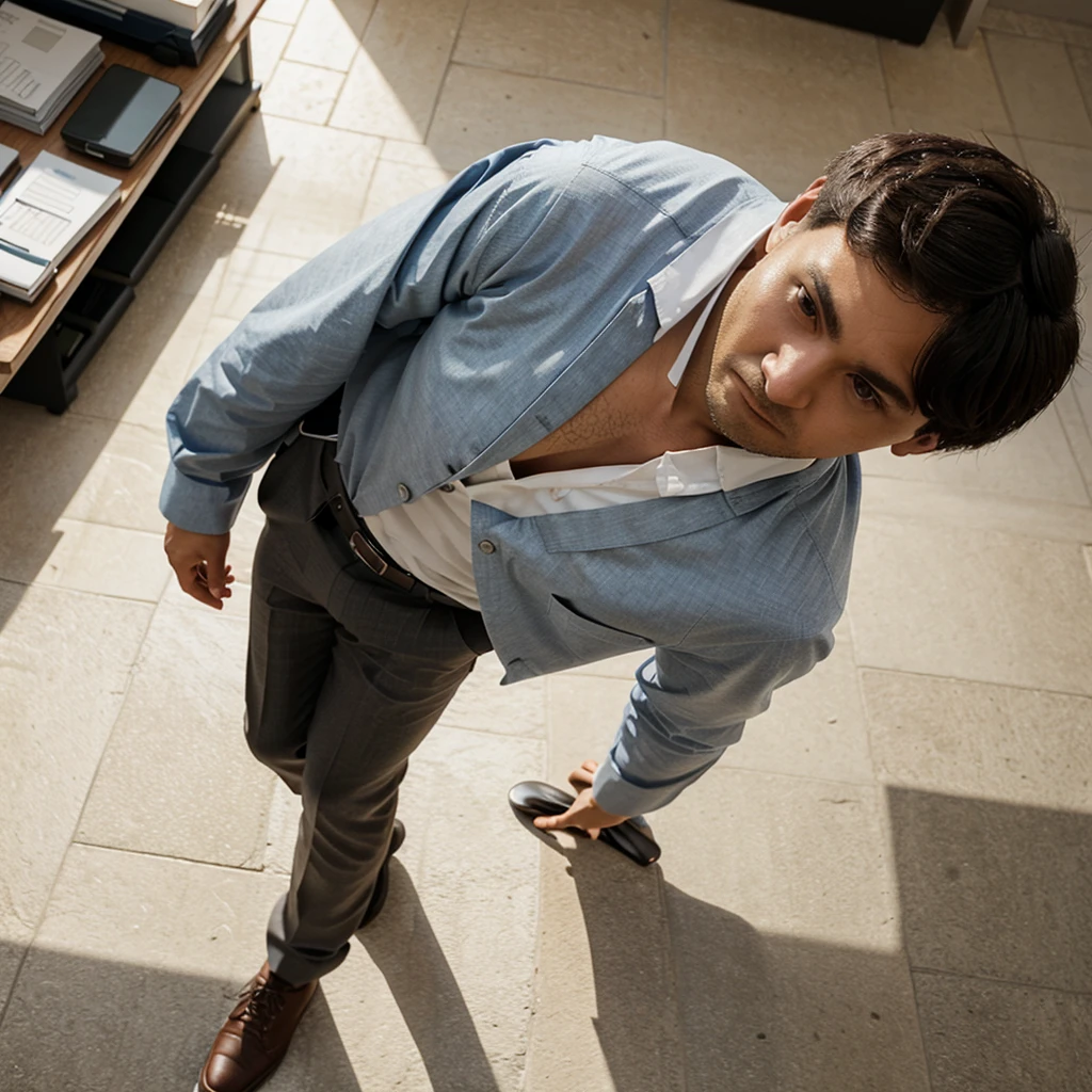 Man walking, causally office wear, top view, plain background, realistic, top angle perspective, camera from top. Viewing upper from head