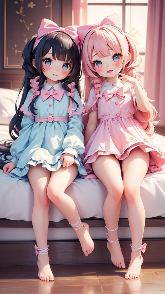 ((petite bishojo, 2girls)), ((kawaii face)), ((cute eyes)), ((masterpiece)), (top quality), ((hyper detailed)), (beautiful and aesthetic), (exquisite), (depth), (super detailed skin), (high standard), ((high resolution)), (perfect anatomy), (full body), (blush), (lipstick), (bare foot), (own room), (big bow in hair), ((jk)), ((to take a kawaii pose)), (perfect fingers)