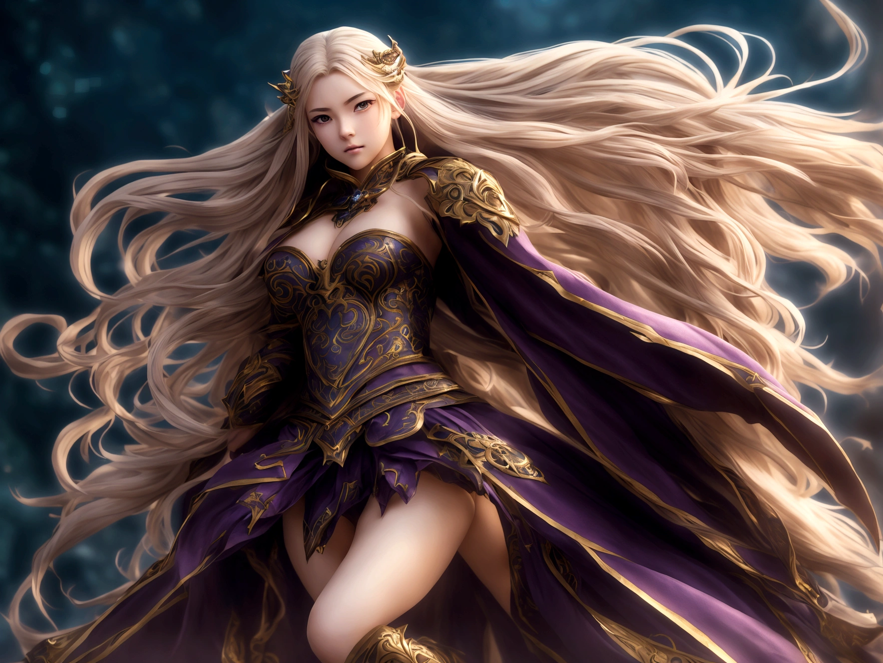 A highly detailed, beautiful anime girl in the Honor of Kings mobile game, full body and foot view, dynamic action pose, elegant and graceful, intense battle expression, detailed facial features, long flowing hair, intricate costume design, dynamic lighting, cinematic composition, vibrant color palette, masterpiece quality, ultra-detailed, photorealistic