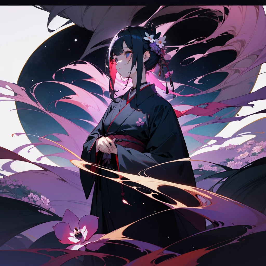 god々、Japanese clothing、woman、Floral、night、Best image quality、black、black世界、Phalaenopsis orchid、Fantasy、Landscape painting、like、like憎、beautiful、god秘、
