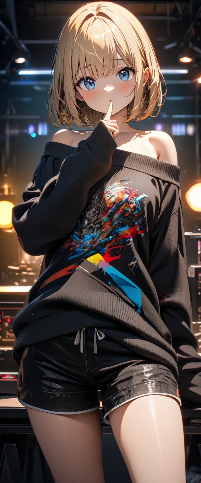 (((One girl))), blond hair, bob cut, breasts, from front, (cowboy shot), (looking at viewer), ((black shorts)), ((off-shoulder black sweater)), index finger to own mouth, arm at side, face in focus, teenager, head tilt:1.3, (((blue eye))), ((no mouth)), (()), ((sleeves past wrists)), anime style, (best quality, 4k, 8k, highres, masterpiece:1.2, ultra-detailed, ultra-detailed eyes, HDR, UHD, studio lighting, ultra-fine painting, sharp focus, physically-based rendering, extreme detail description, professional, vivid colors, bokeh)